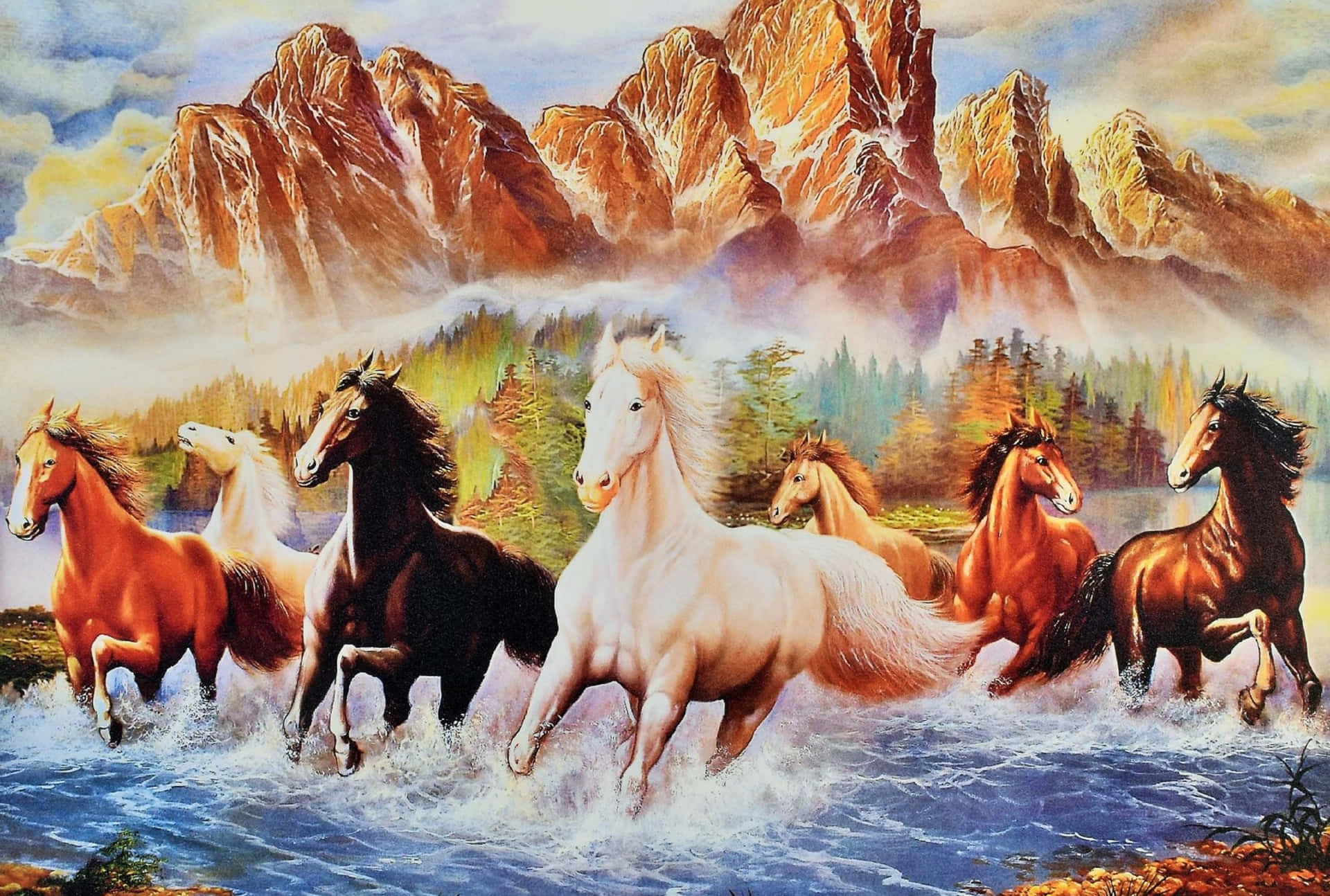 7 Horses Walking Through River Wallpaper