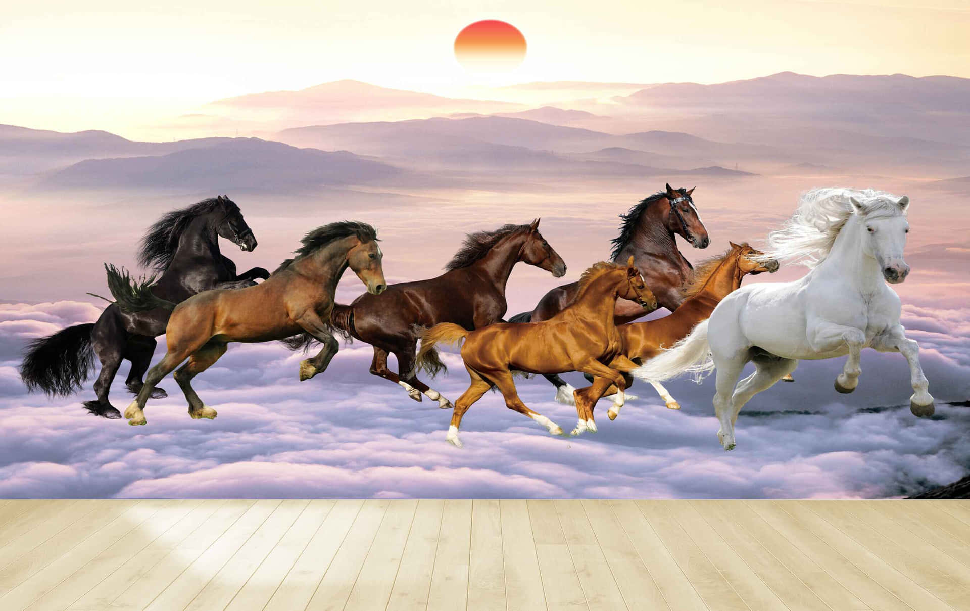 Syv heste går gennem hvide skyers himmel. Wallpaper