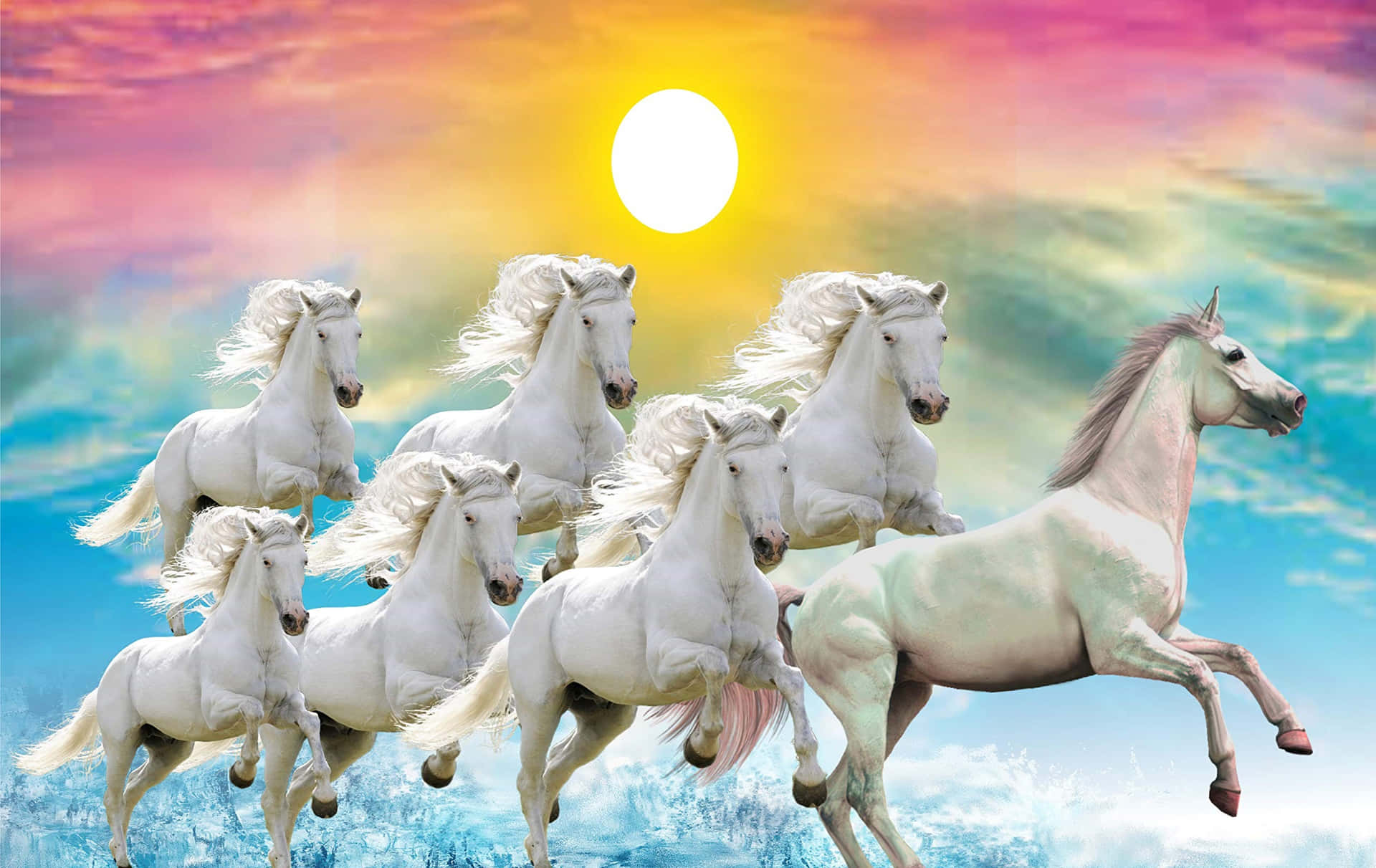 Download 7 White Horses Colorful Sky Wallpaper 