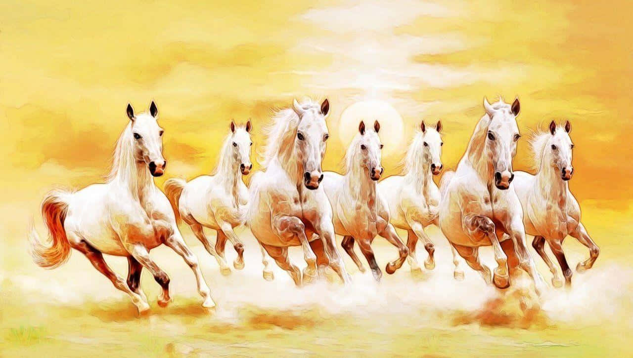 7 hvide heste solskin galoperer på en blød blå himmel. Wallpaper
