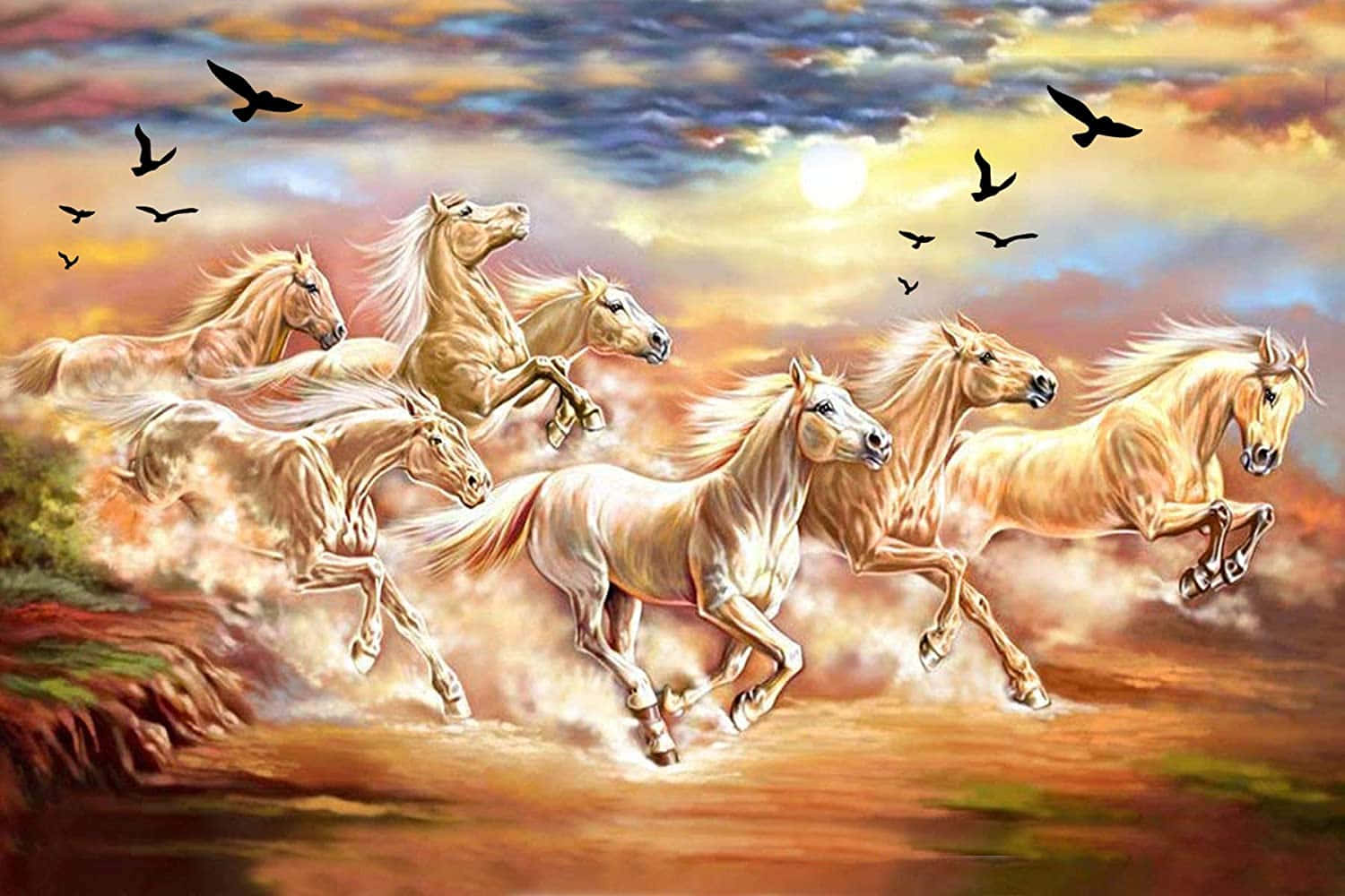 7 hvide heste med sort fugle, der flyver ovenover Wallpaper