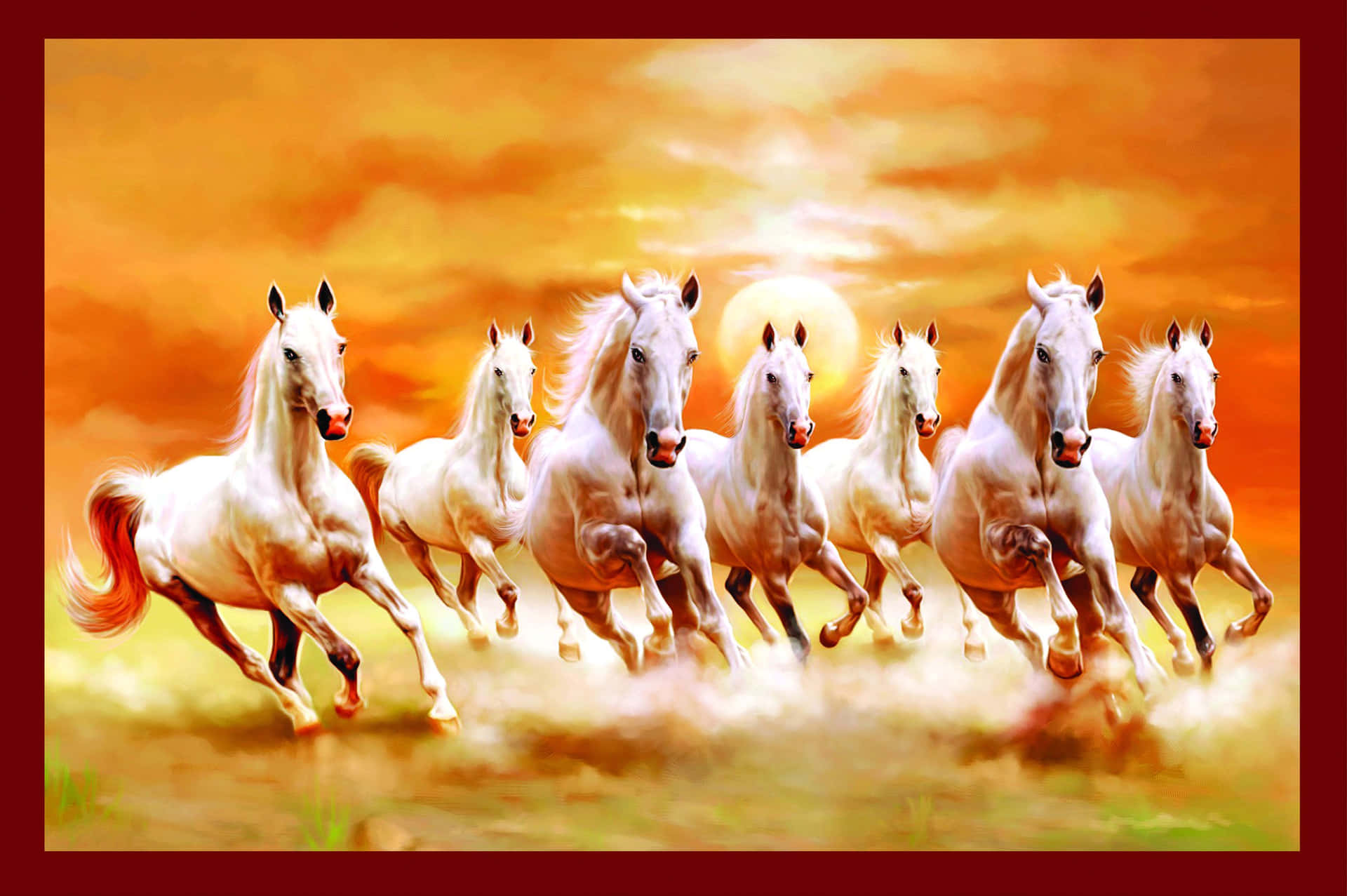 7 hvide heste med rød kant Wallpaper