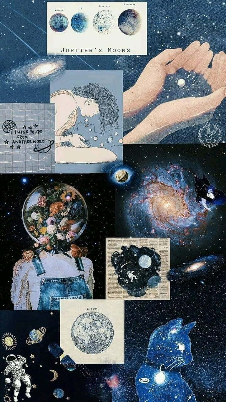 A Collage Of Images Of The Moon, Stars And Planets Wallpaper