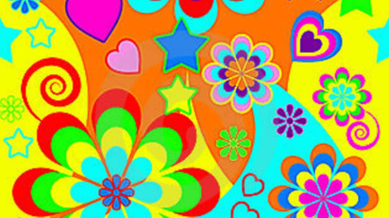 A Colorful Flower Pattern With Stars And Hearts Wallpaper
