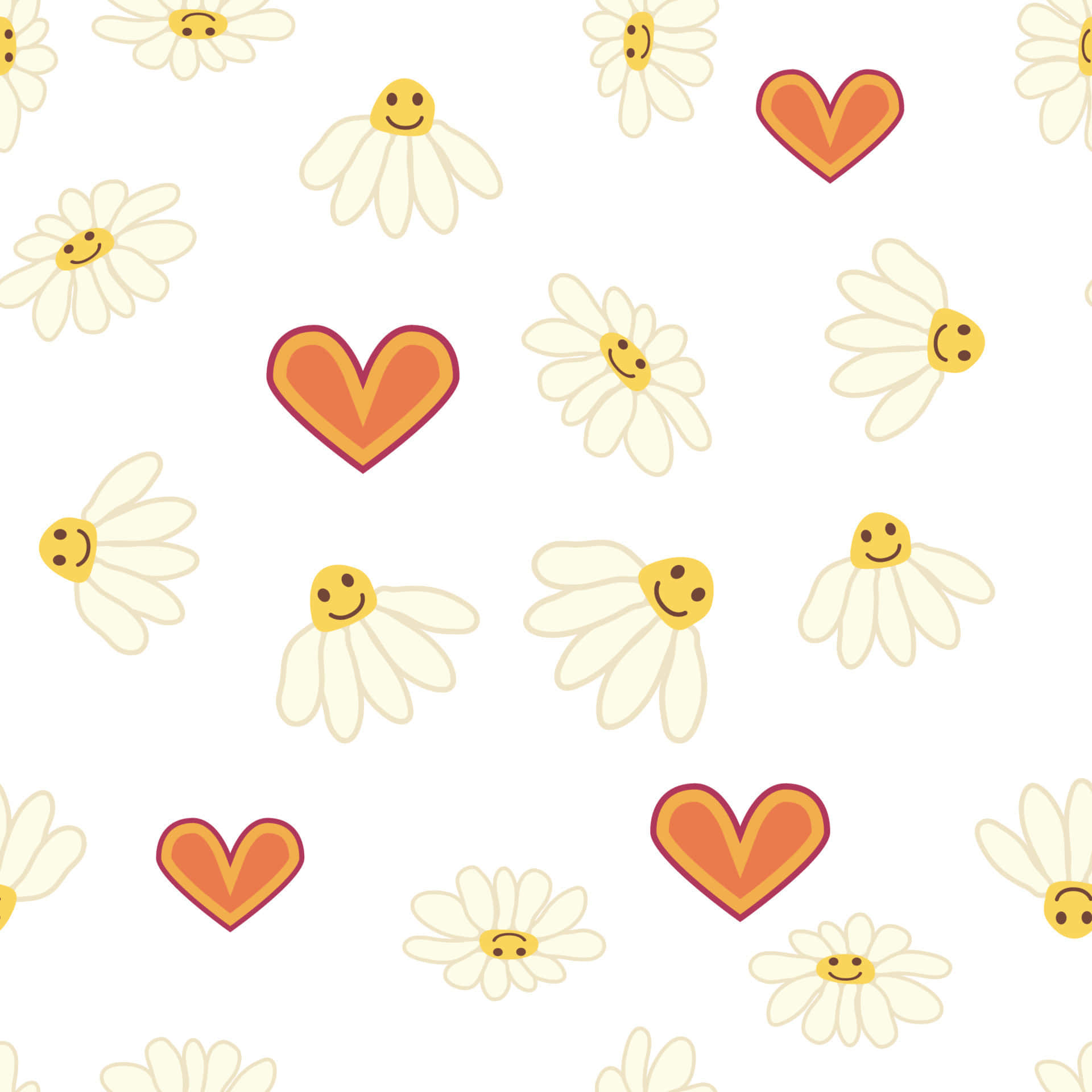 A Pattern Of Daisies With Hearts And Smiles Wallpaper