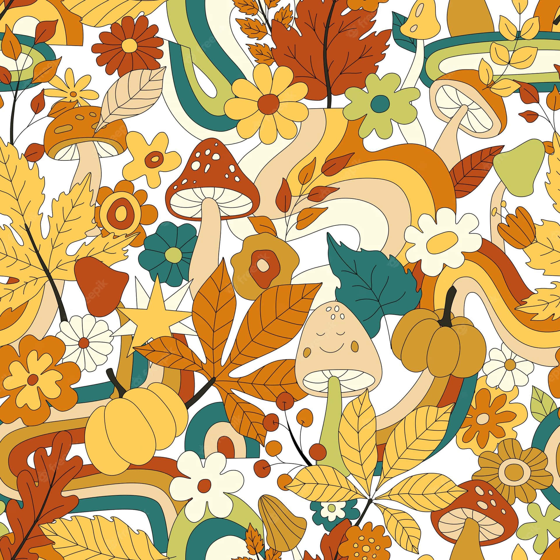 A Seamless Pattern With A Lot Of Mushrooms And Leaves Wallpaper