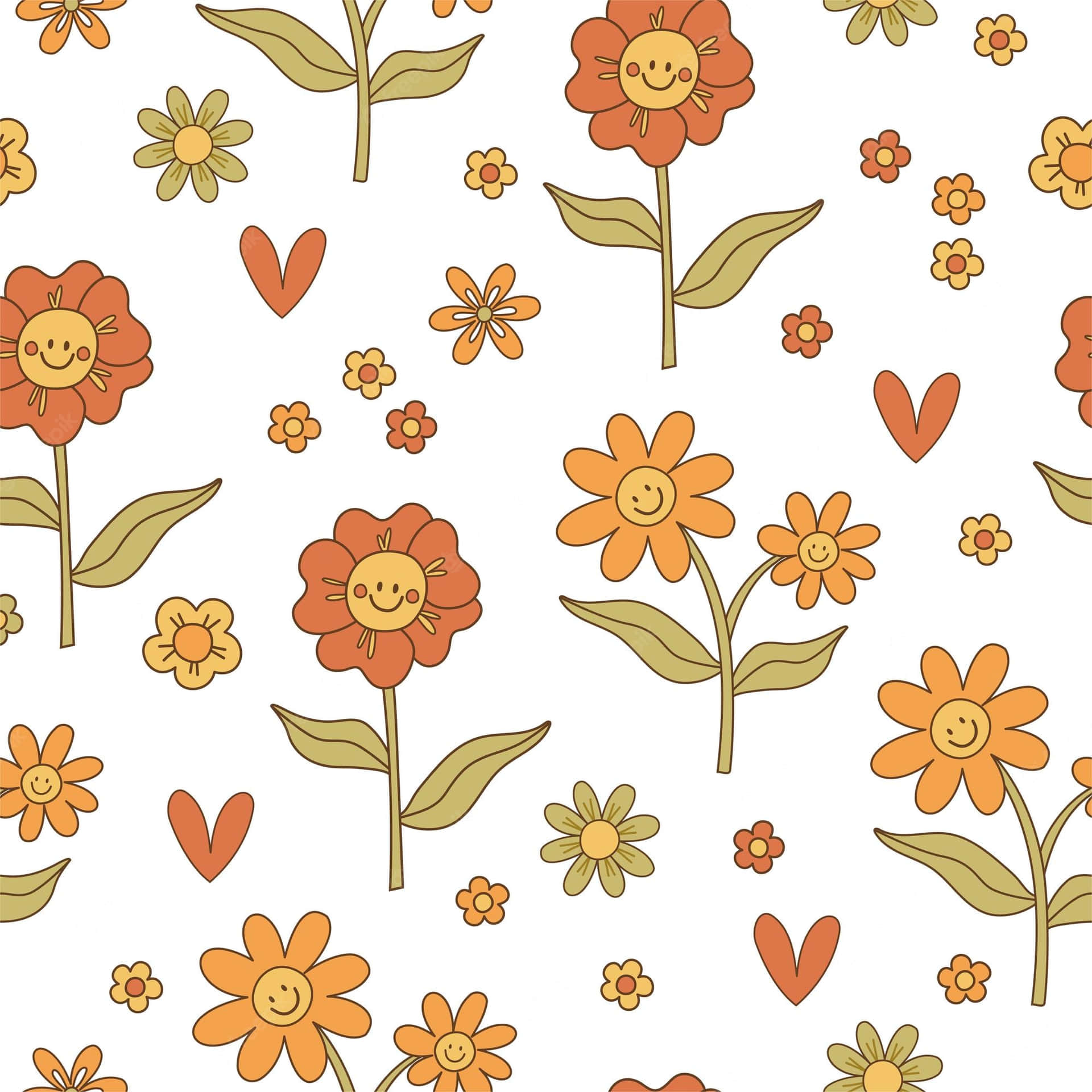 A Cute Flower Pattern With Smiley Faces And Hearts Wallpaper