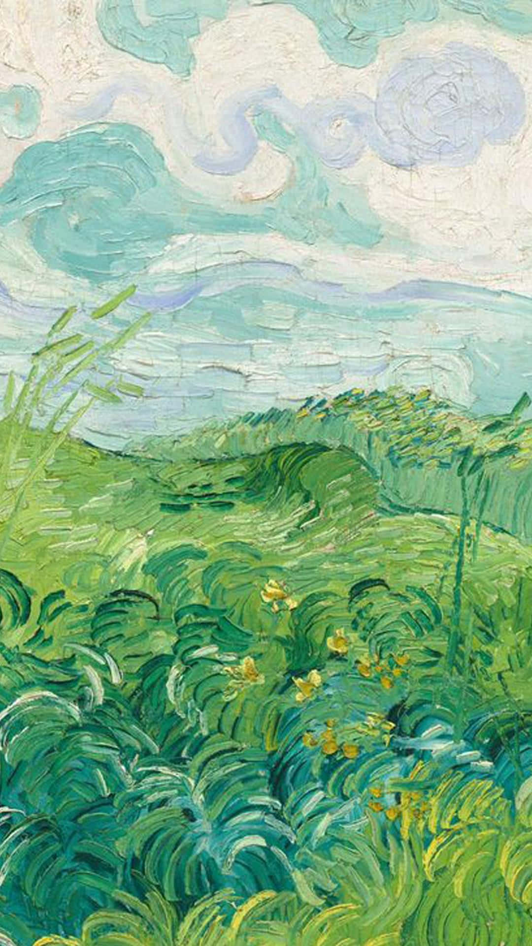Et maleri af et grønt felt med græs og skyer Wallpaper