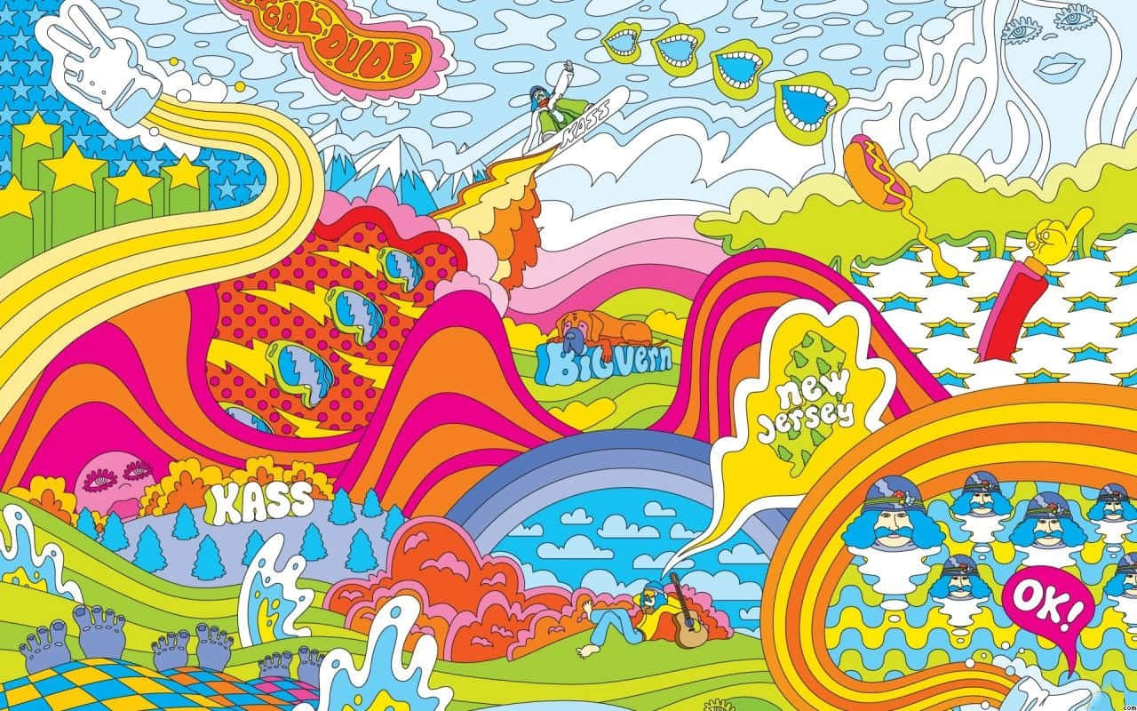 En farverig tegning af en farverig scene Wallpaper
