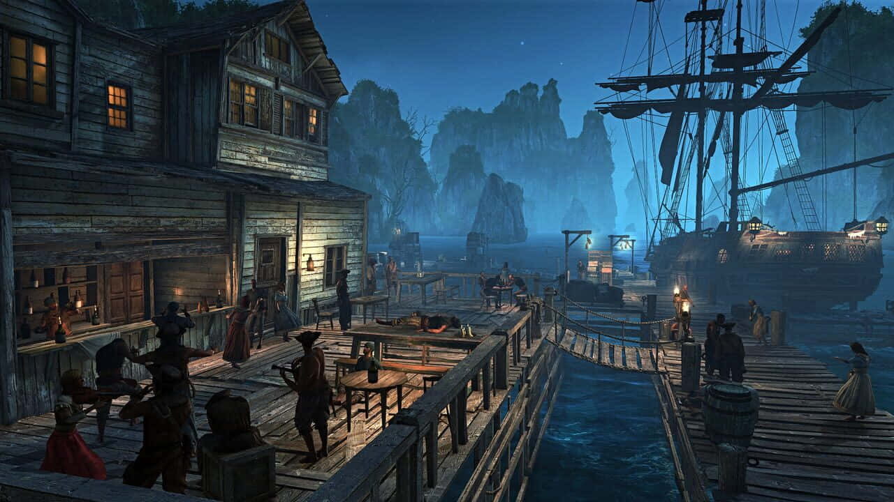 A Screenshot Of A Pirate Ship In A Dock