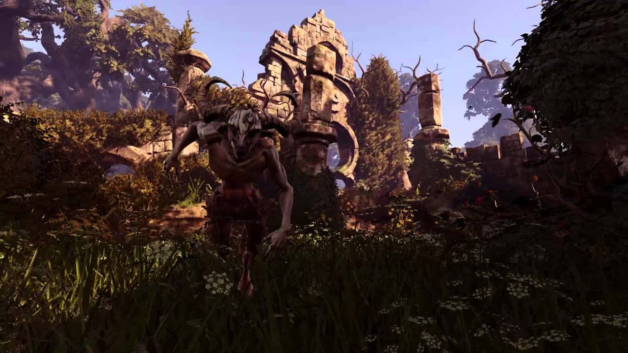 Et skærmbillede af et computerspil med en dæmon i græsset.