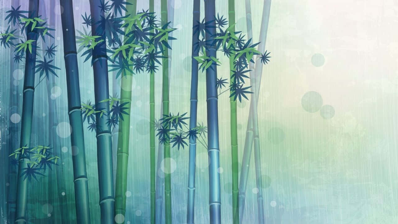 Bambooskogsbakgrundmed Blåa Och Gröna Löv
