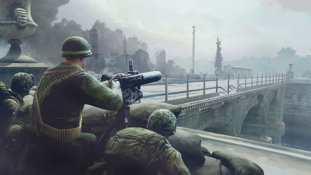 A Soldier Is Holding A Gun On A Bridge