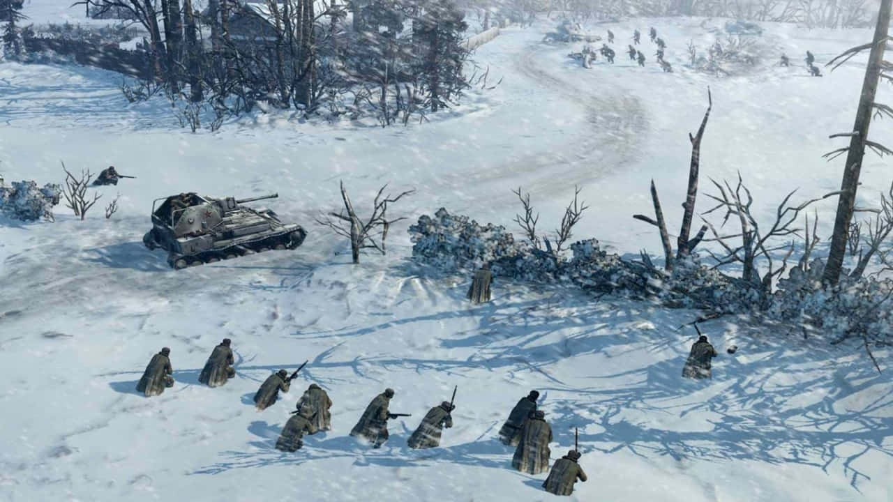 A Snowy Battlefield With Tanks And Soldiers