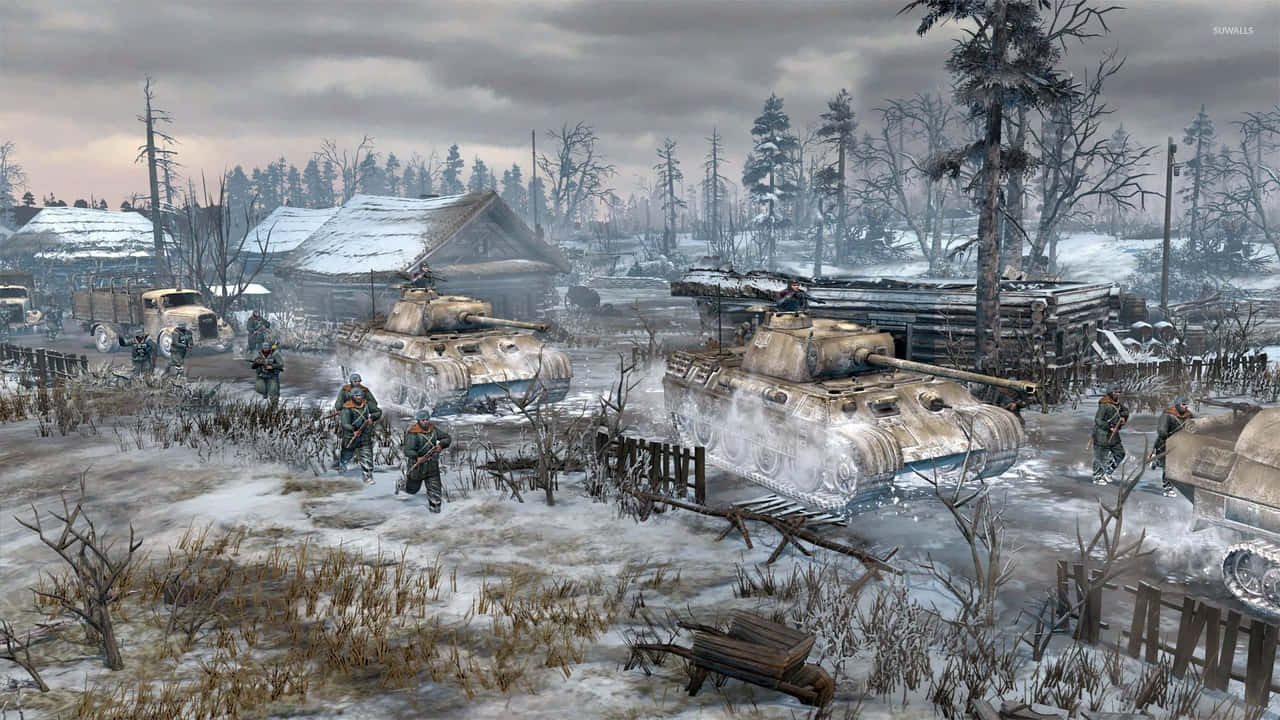 A Screenshot Of A Video Game With Tanks In The Snow