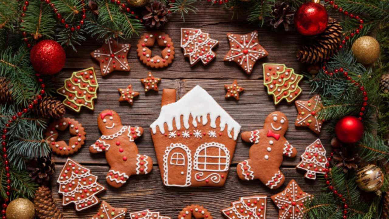 Gingerbread Cookies And Decorations On A Wooden Background