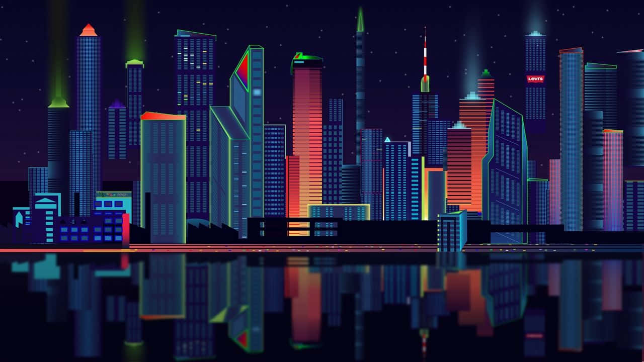 A Cityscape With Colorful Buildings At Night Wallpaper