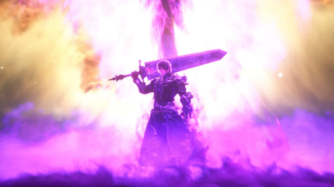 A Man With A Sword In Front Of A Purple Light