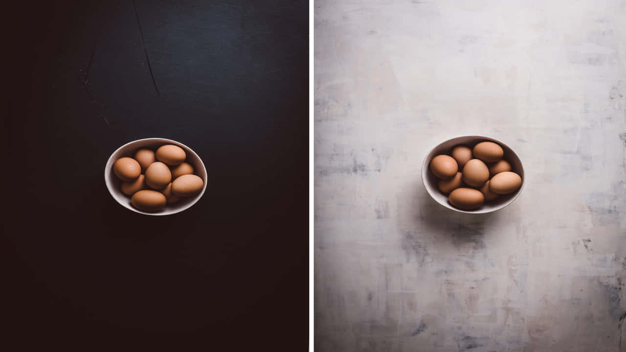 Two Pictures Of Eggs In A Bowl On A Black Background