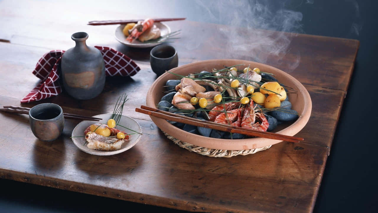 A Bowl Of Seafood With Chopsticks On A Table