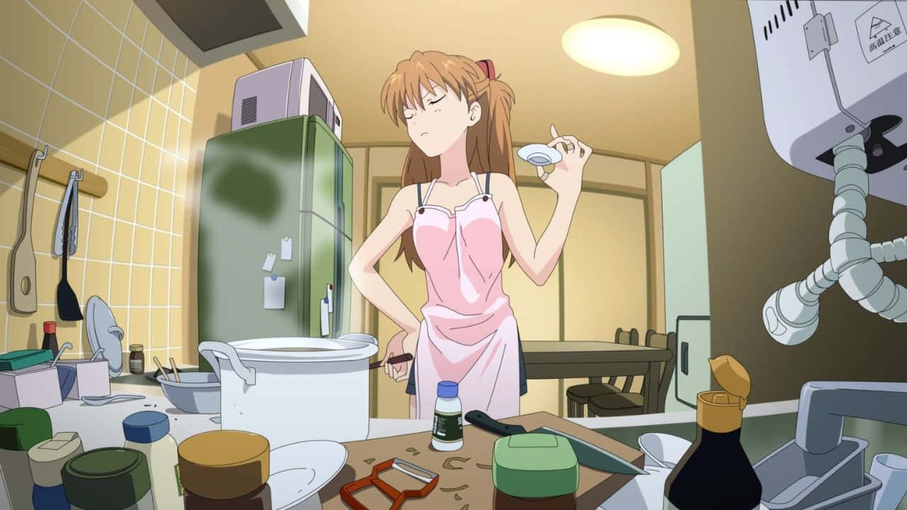 A Girl In A Pink Dress Is Standing In A Kitchen
