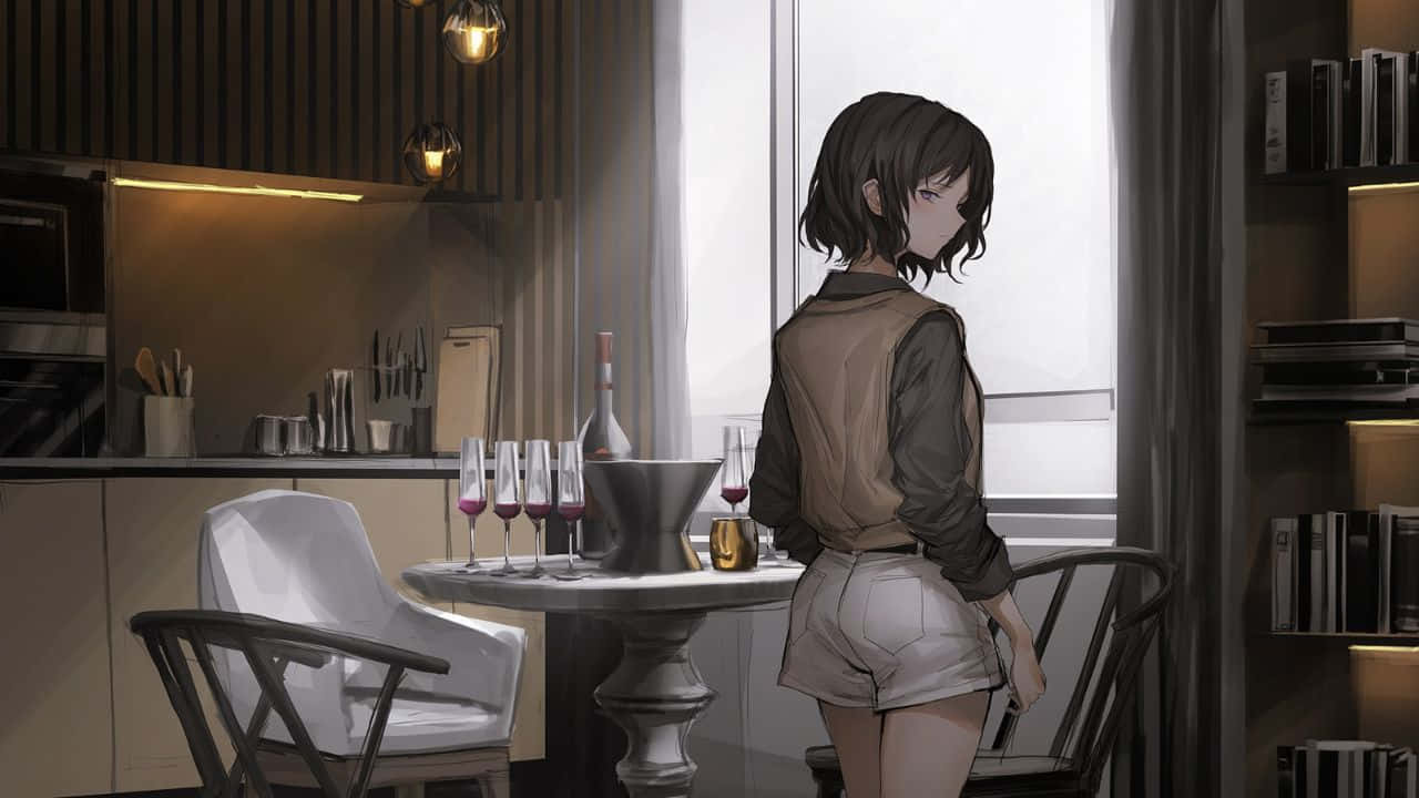 A Girl Is Standing In A Kitchen Looking At Wine