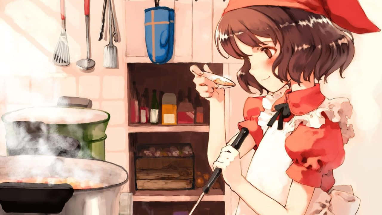 A Girl In A Red Apron Is Cooking In A Pot