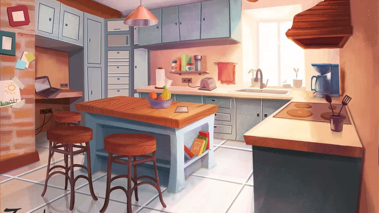 A Kitchen With Stools And A Counter