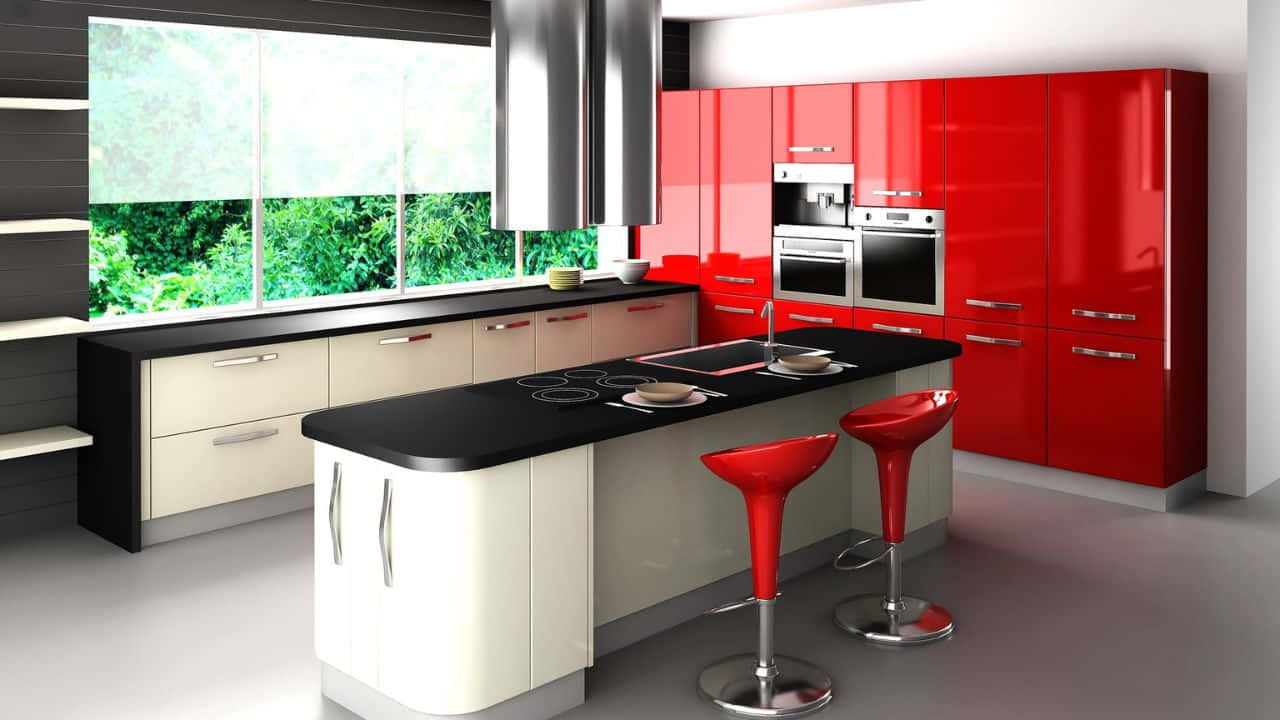 A Kitchen With Red Cabinets