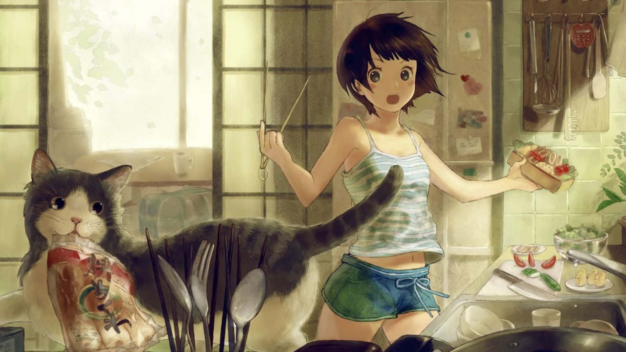 A Girl Is Cooking In The Kitchen With A Cat