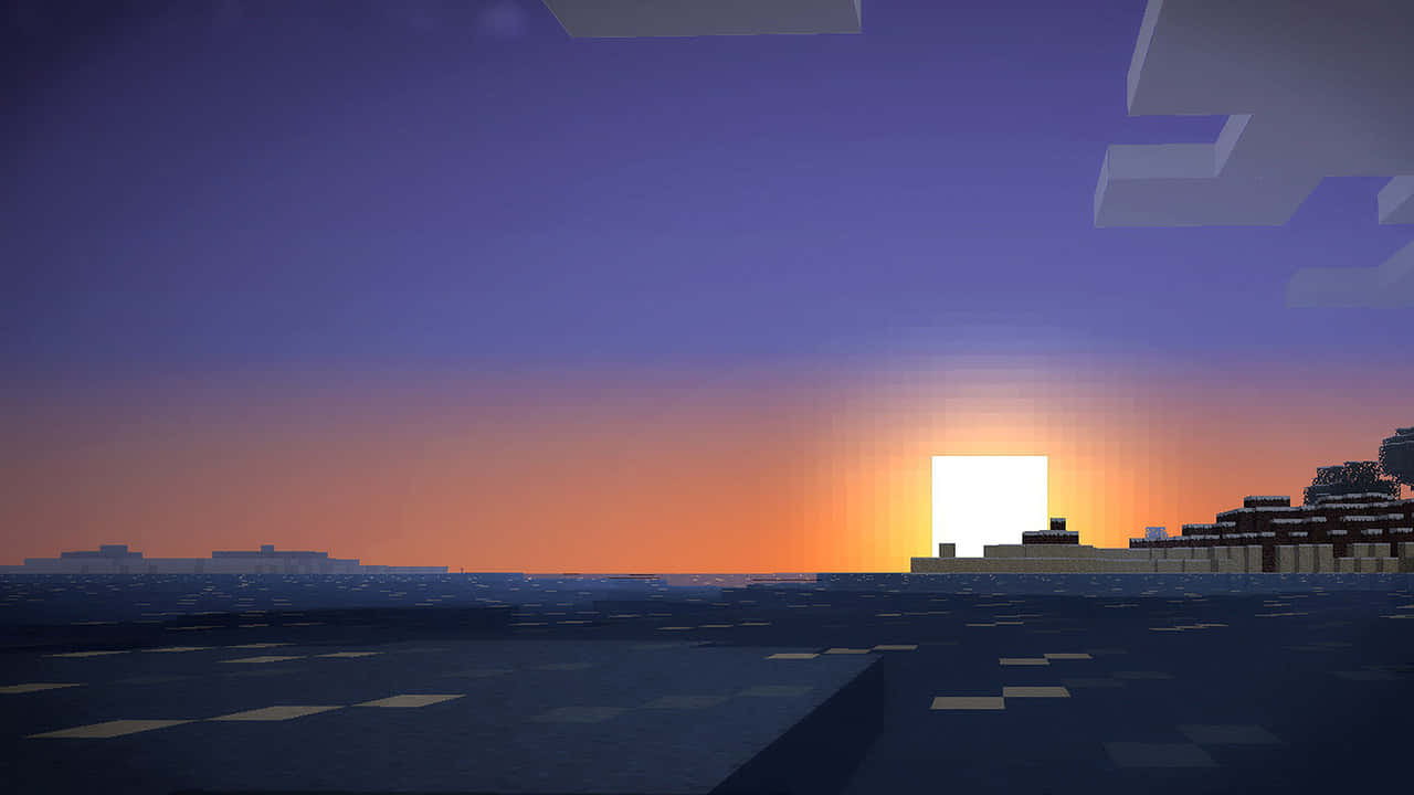 Unapuesta De Sol De Minecraft Con Una Montaña De Fondo