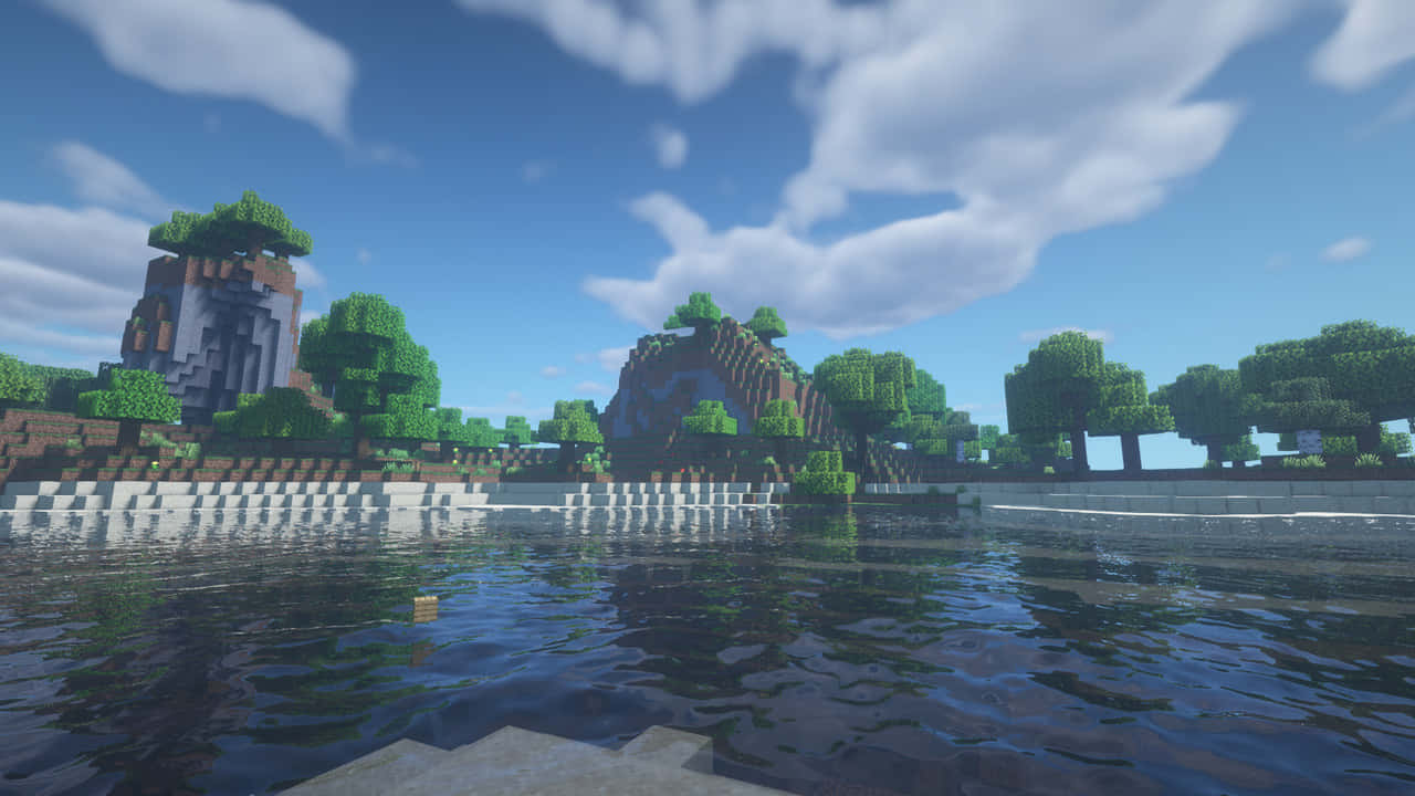 a minecraft scene with trees and water