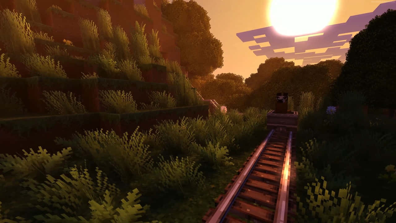 a train is going through a forest in minecraft