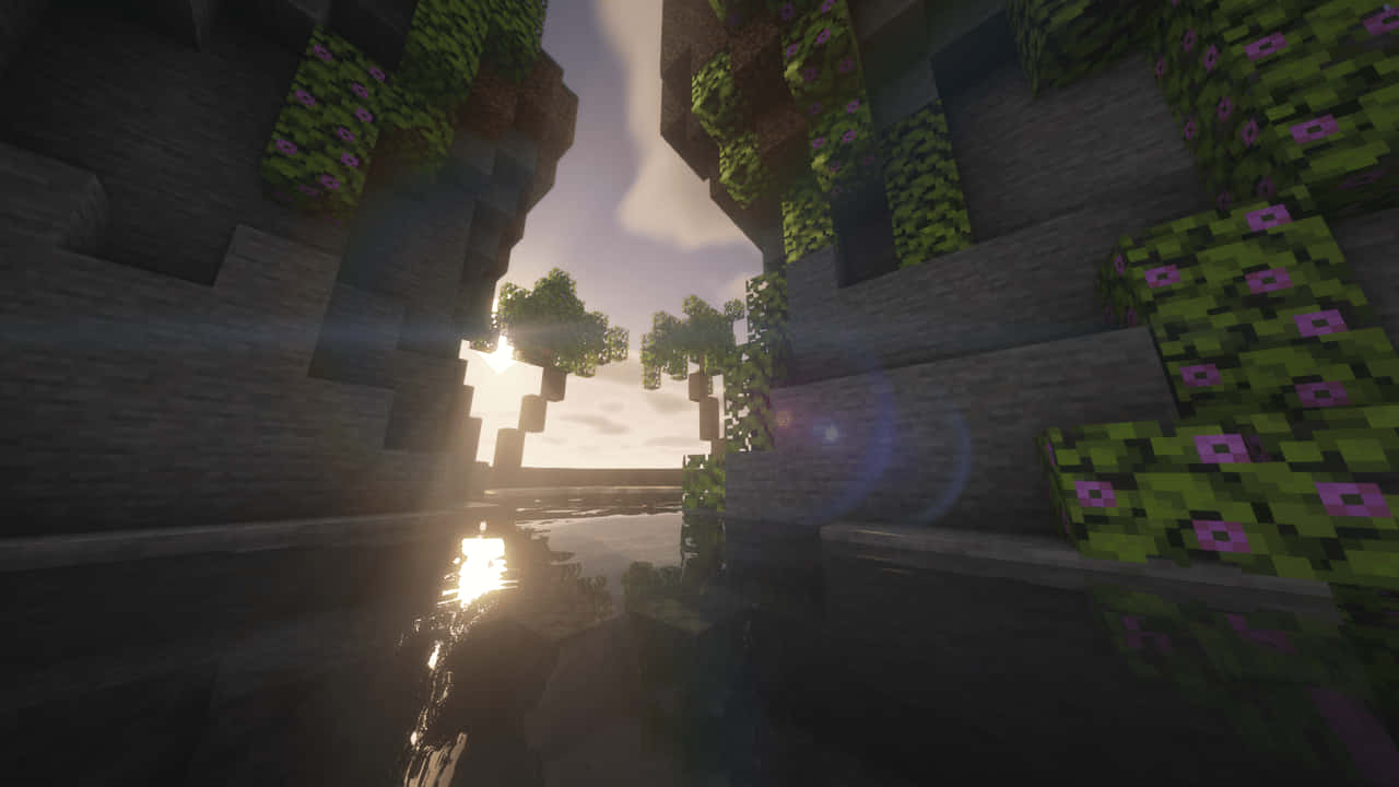 a minecraft scene with a waterfall and plants