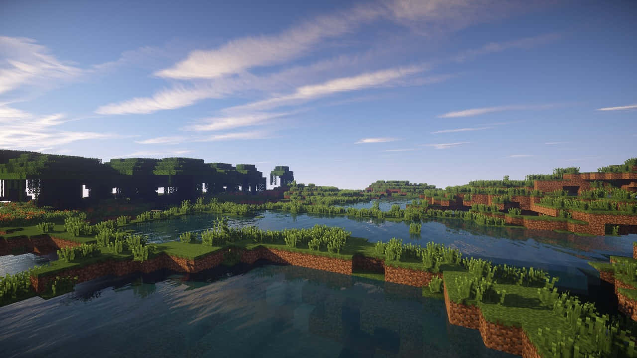 Unpaesaggio Di Minecraft Con Acqua E Alberi.