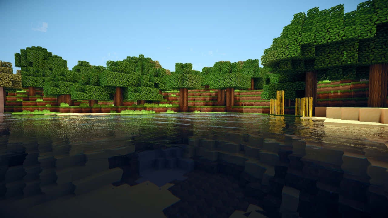 Unaescena De Minecraft Con Árboles Y Agua