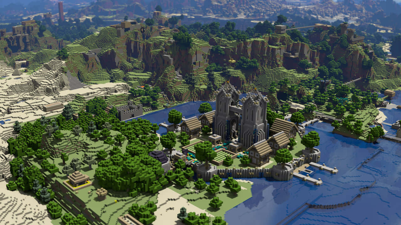 Minecraften Stad Med En Sjö Och Träd
