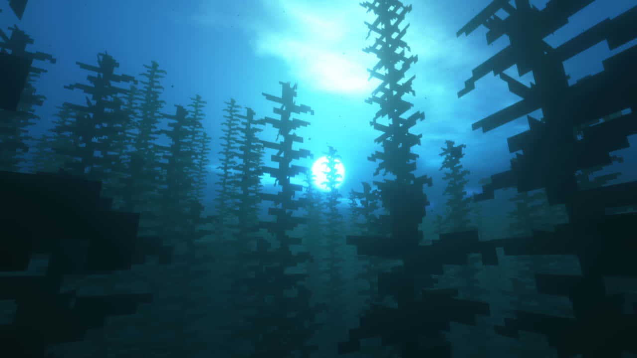 a screenshot of a minecraft forest with trees and a blue sky