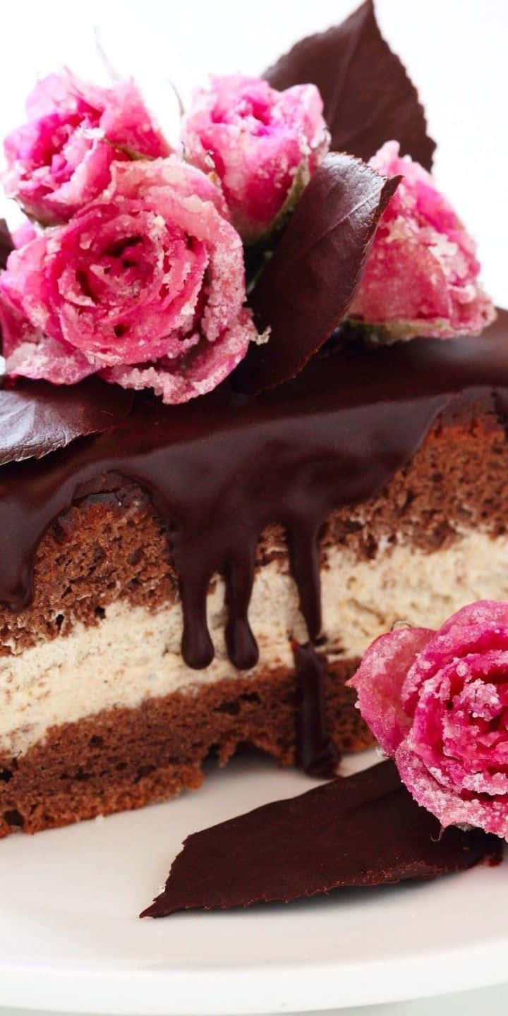720pbakgrundsbild Bakverk Chokladkaka Med Rosa Blommor