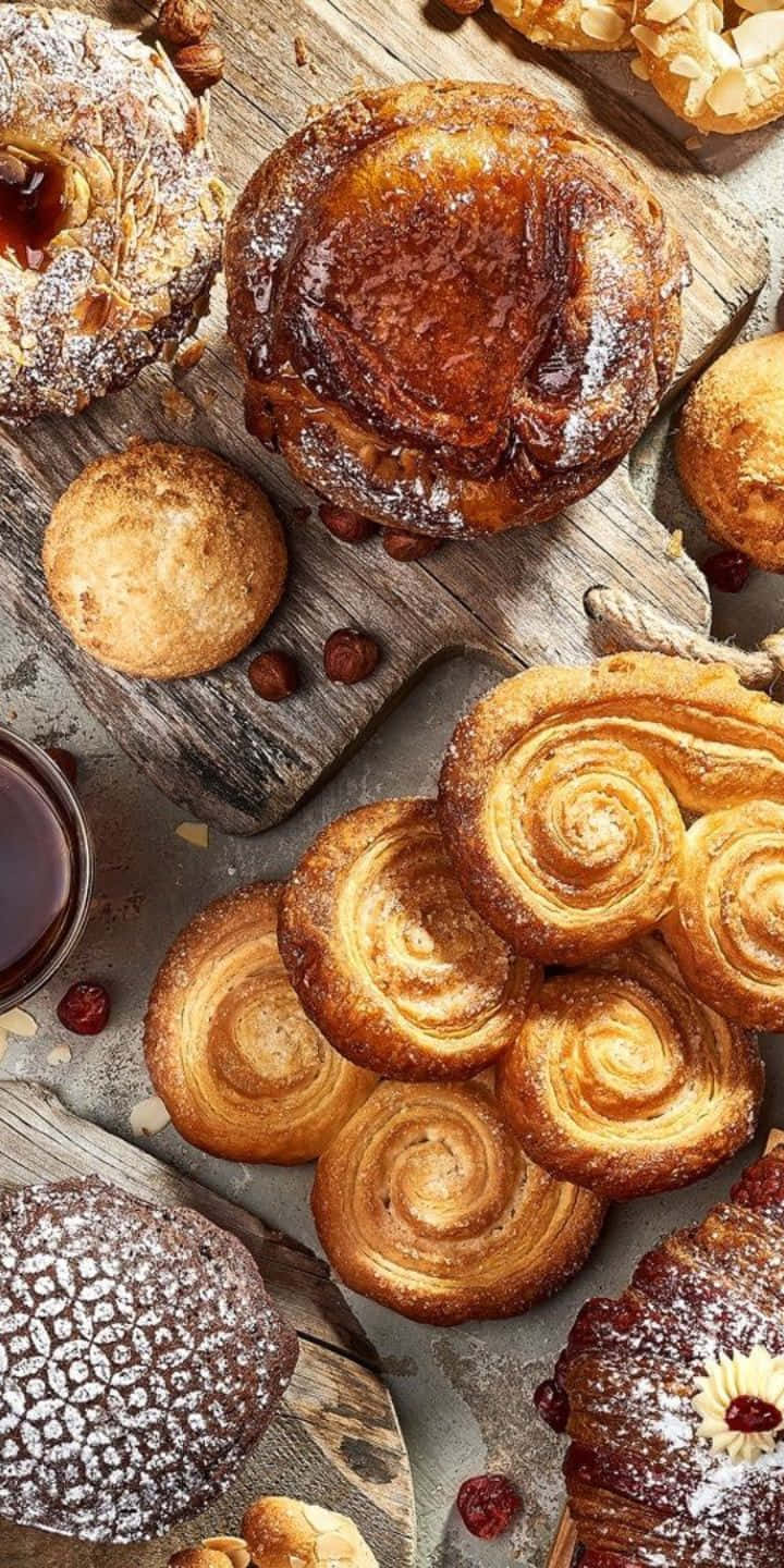 720p Pastries Background Various Pastries On A Wooden Surface Wallpaper