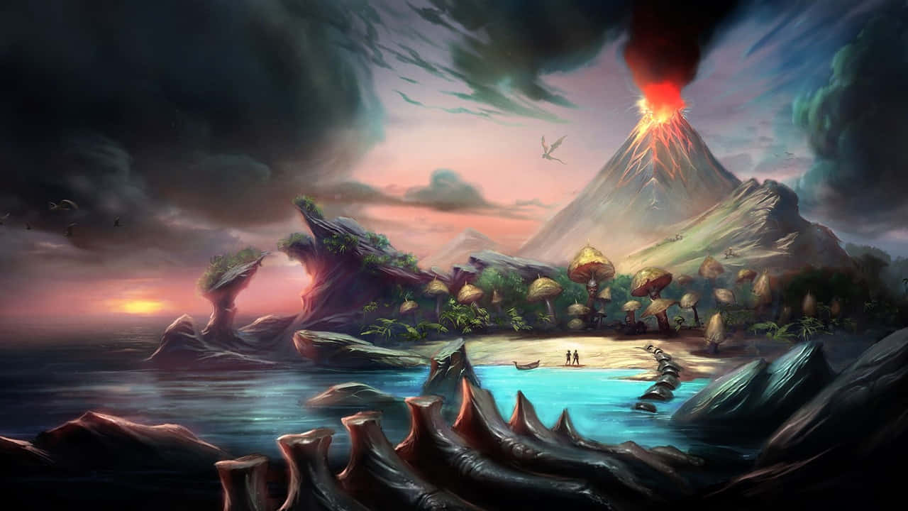 A Painting Of A Volcano And Island