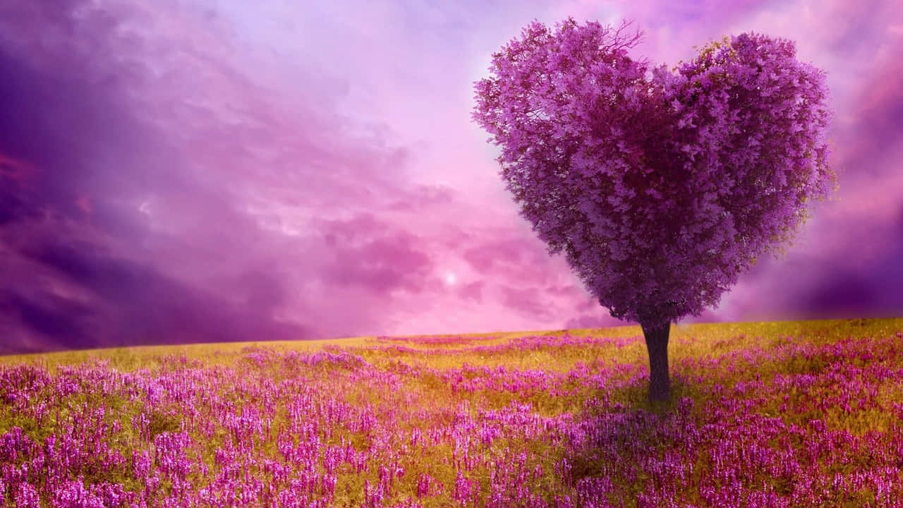 a purple tree in a field with a cloudy sky