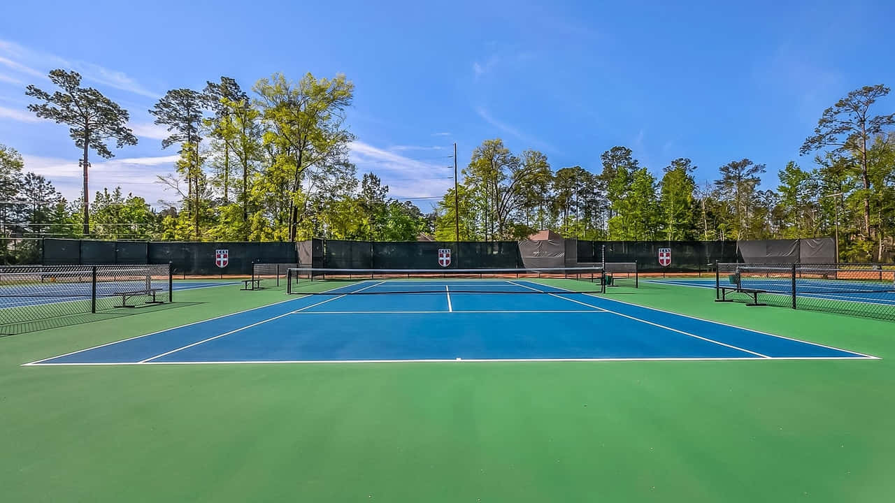 A Tennis Court With A Blue And Green Net