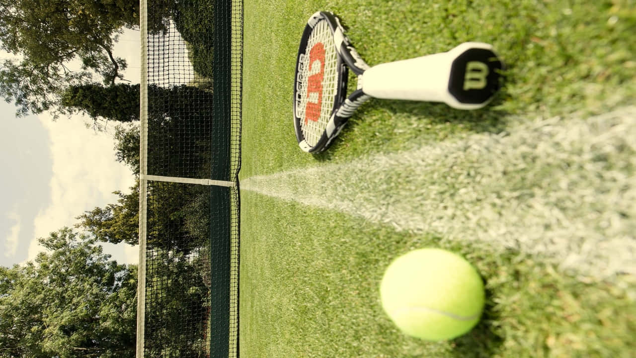 A Tennis Racket And Ball On The Grass