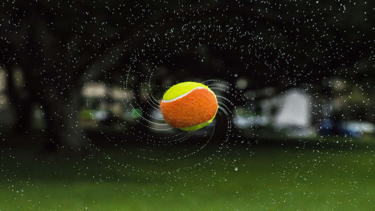 Einprofessioneller Tennisspieler Tritt In Einem Spiel An, Unterstützt Von Einem Blauen Himmel Und Saftigem Grün.