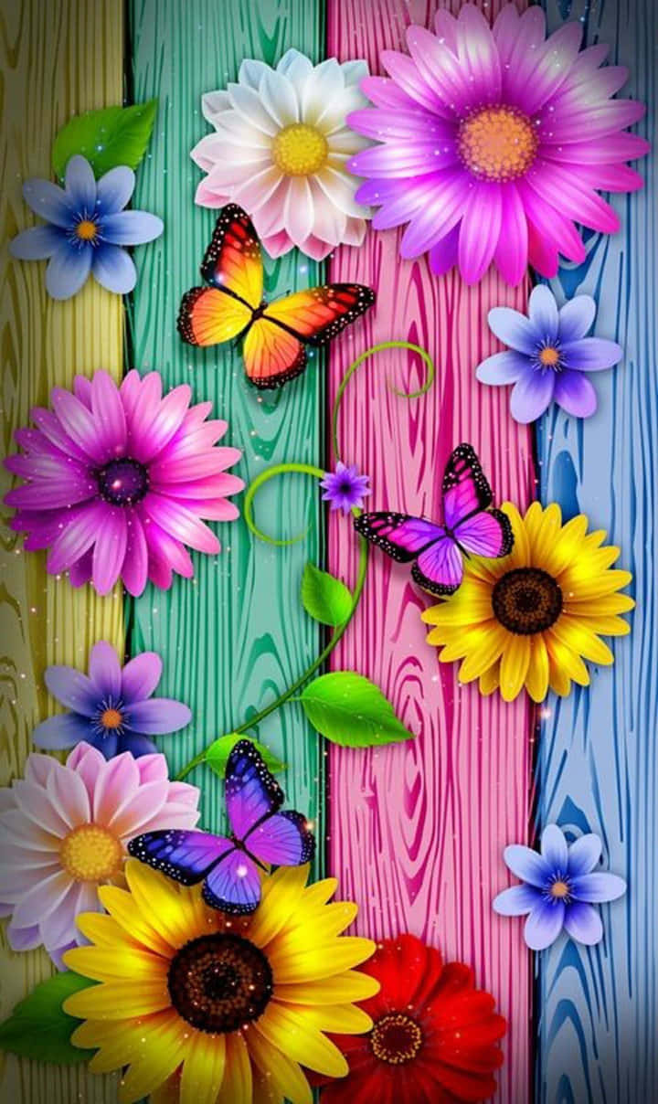 Colorful Flowers And Butterflies On Wooden Planks Wallpaper