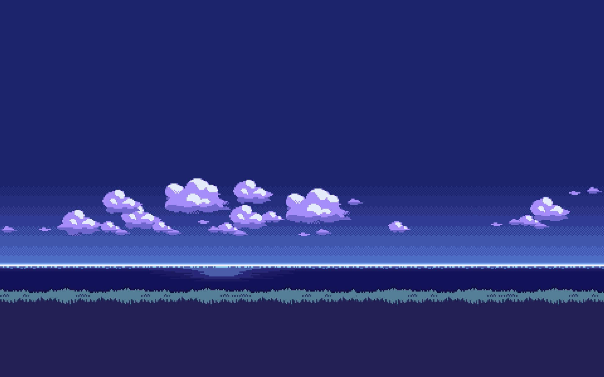 A Pixel Art Image Of A Sea And Clouds