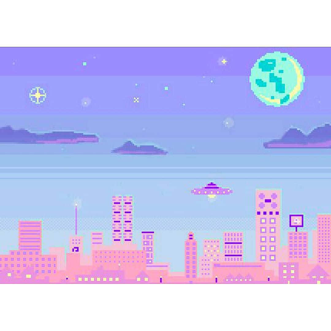 A Pixelated City With A Moon And A Spaceship