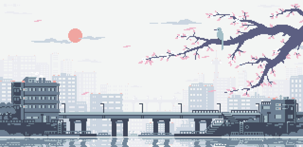 Pixel Art Of A City With A Cherry Tree Wallpaper