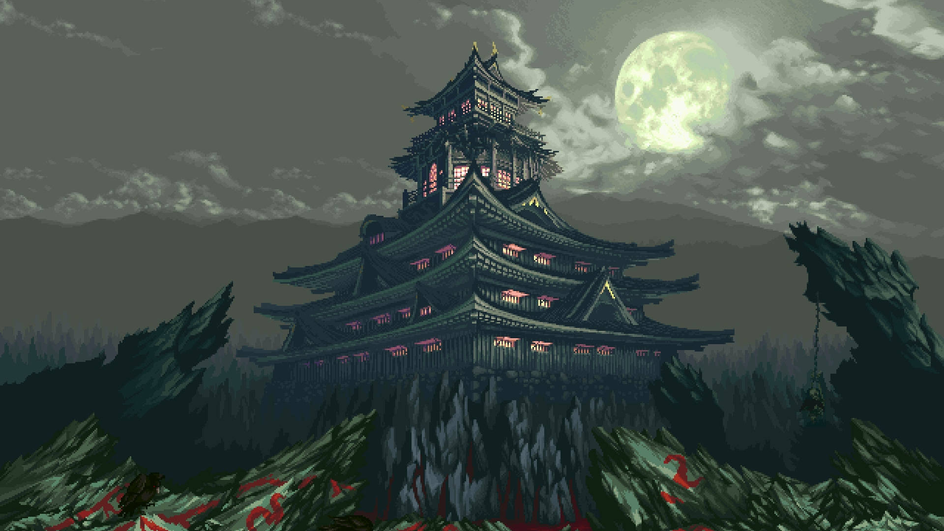 Udforsk den levende 8-bit landskab af Japan. Wallpaper